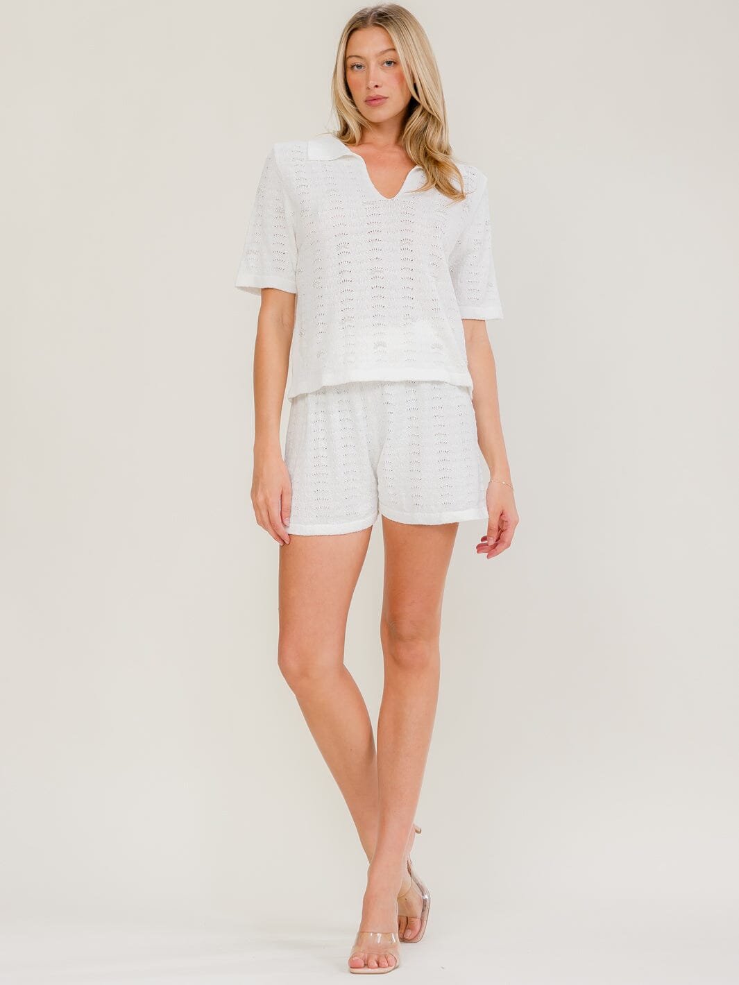 WOMEN'S SHORT SLEEVE BLOUSE & ELASTIC WAIST SHORTS PEARL KNIT 2PC. SET