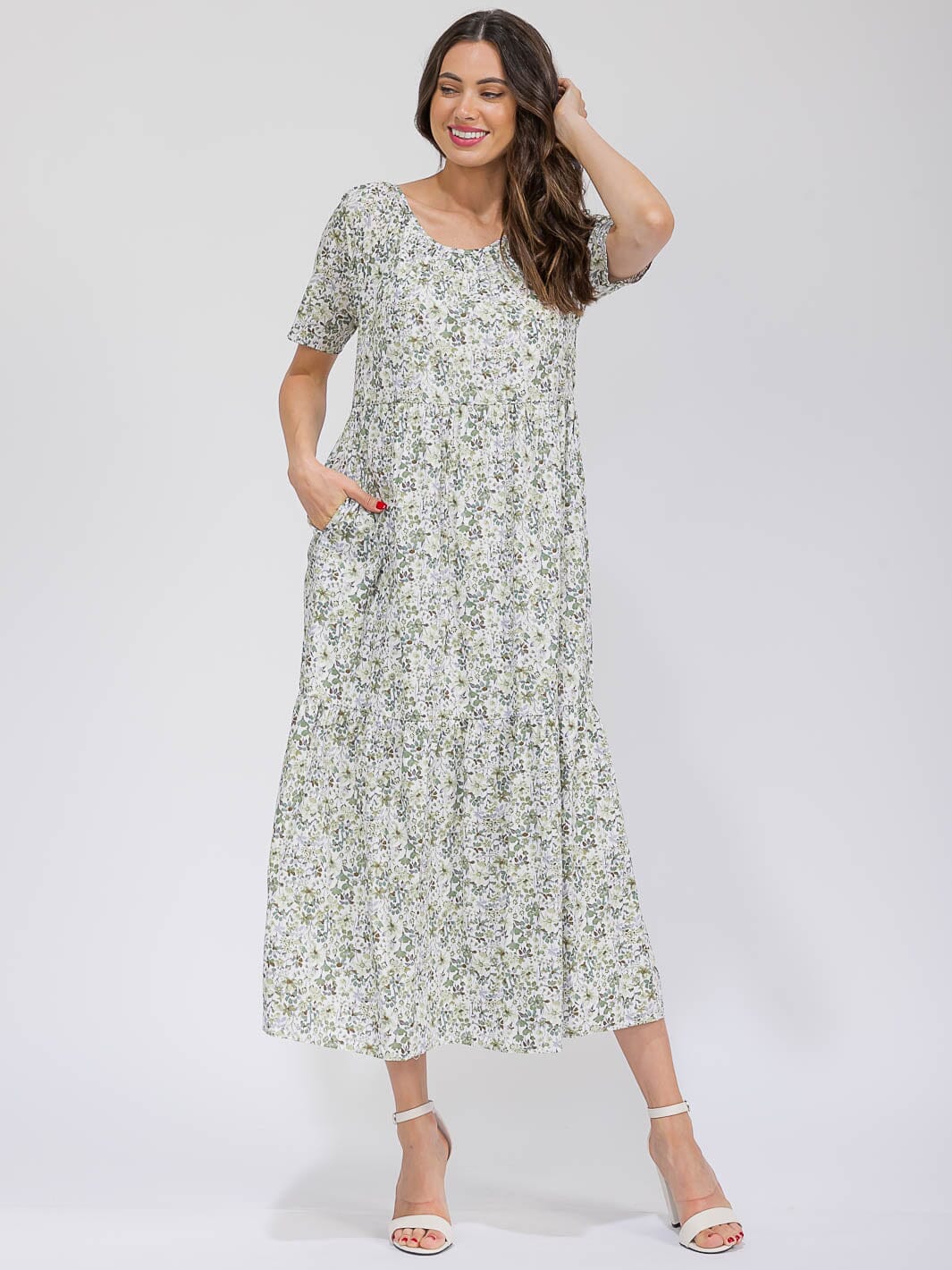 WOMEN'S SHORT SLEEVE V-NECK POCKETS TIERED FLORAL MAXI DRESS