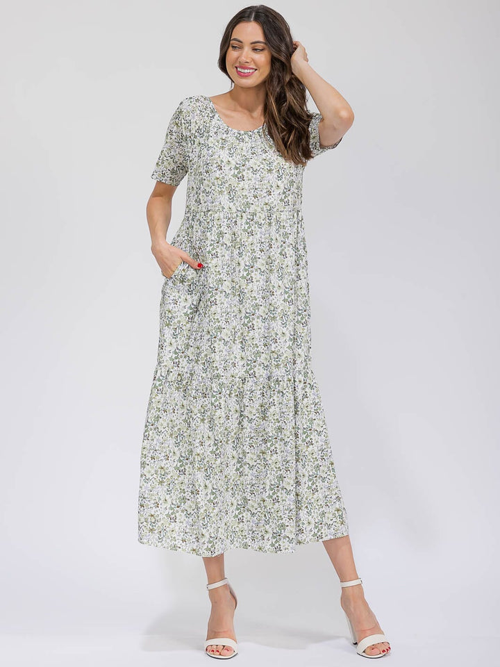 WOMEN'S SHORT SLEEVE V-NECK POCKETS TIERED FLORAL MAXI DRESS