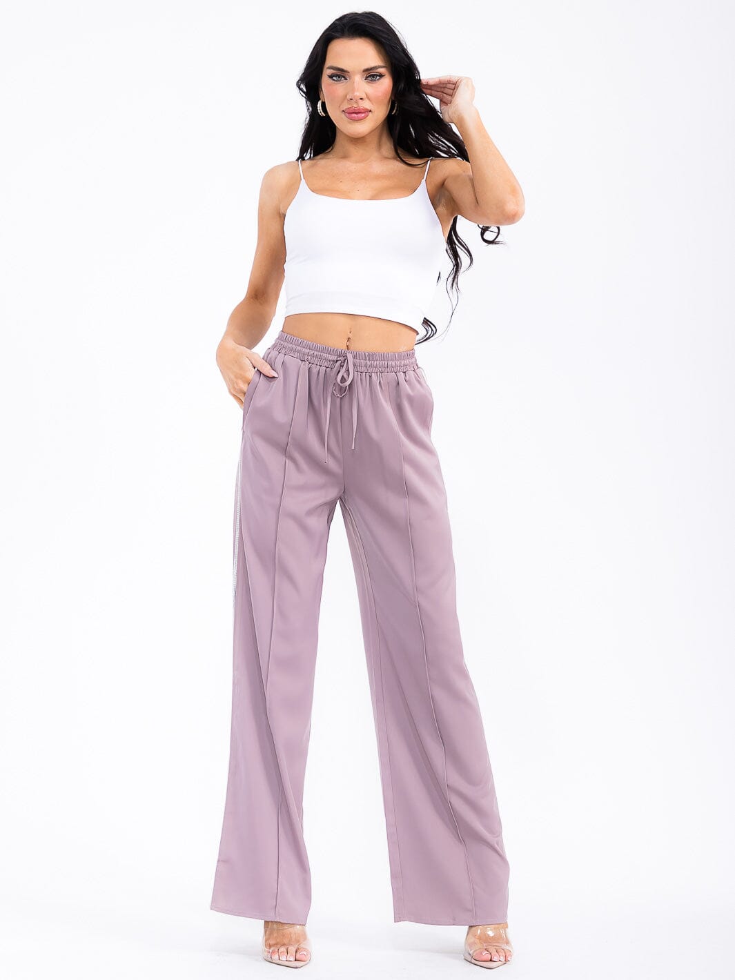 WOMEN'S ELASTIC WAIST FRONT POCKETS WIDE LEG STUDS DETAILED PANTS