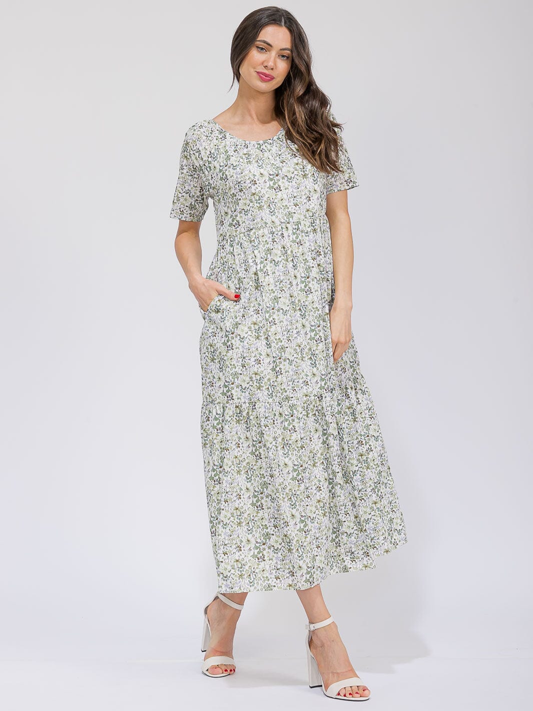 WOMEN'S SHORT SLEEVE V-NECK POCKETS TIERED FLORAL MAXI DRESS
