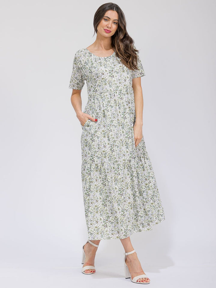WOMEN'S SHORT SLEEVE V-NECK POCKETS TIERED FLORAL MAXI DRESS