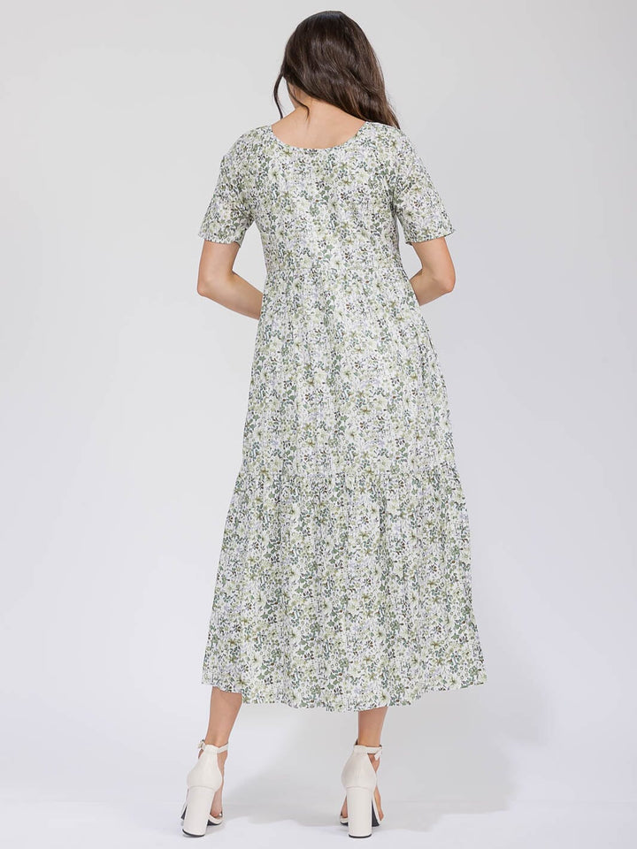 WOMEN'S SHORT SLEEVE V-NECK POCKETS TIERED FLORAL MAXI DRESS