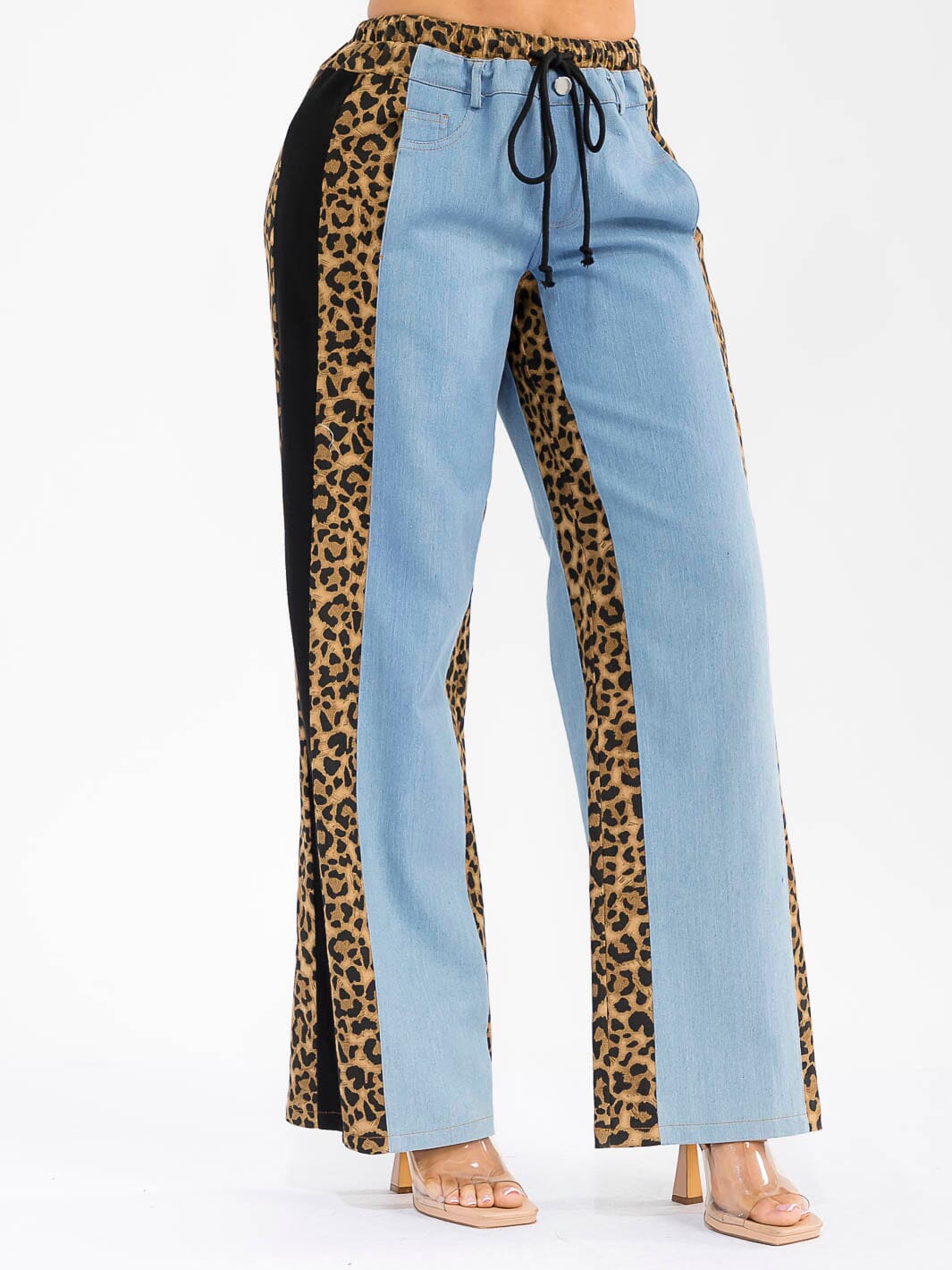 WOMEN'S ELASTIC WAIST SELF TIE DENIM ANIMAL PRINT CONTRAST WIDE LEG PANTS