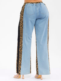 WOMEN'S ELASTIC WAIST SELF TIE DENIM ANIMAL PRINT CONTRAST WIDE LEG PANTS