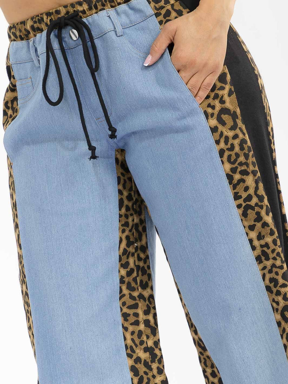 WOMEN'S ELASTIC WAIST SELF TIE DENIM ANIMAL PRINT CONTRAST WIDE LEG PANTS