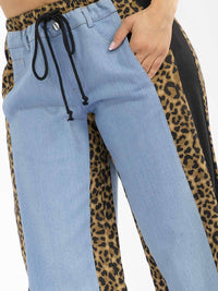 WOMEN'S ELASTIC WAIST SELF TIE DENIM ANIMAL PRINT CONTRAST WIDE LEG PANTS