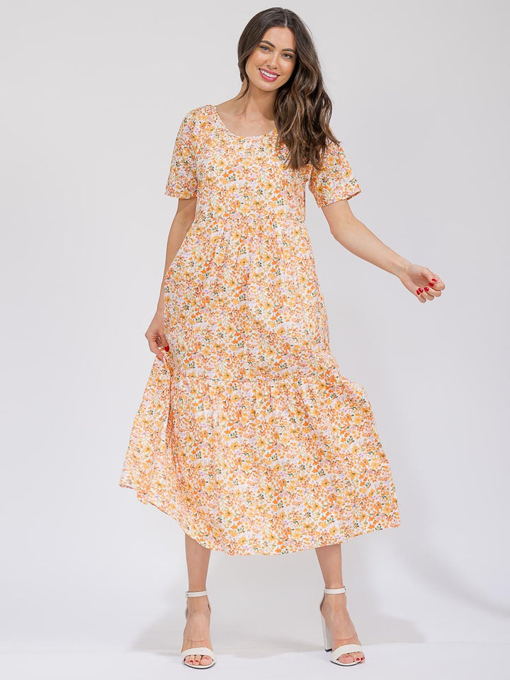 WOMEN'S SHORT SLEEVE V-NECK POCKETS TIERED FLORAL MAXI DRESS