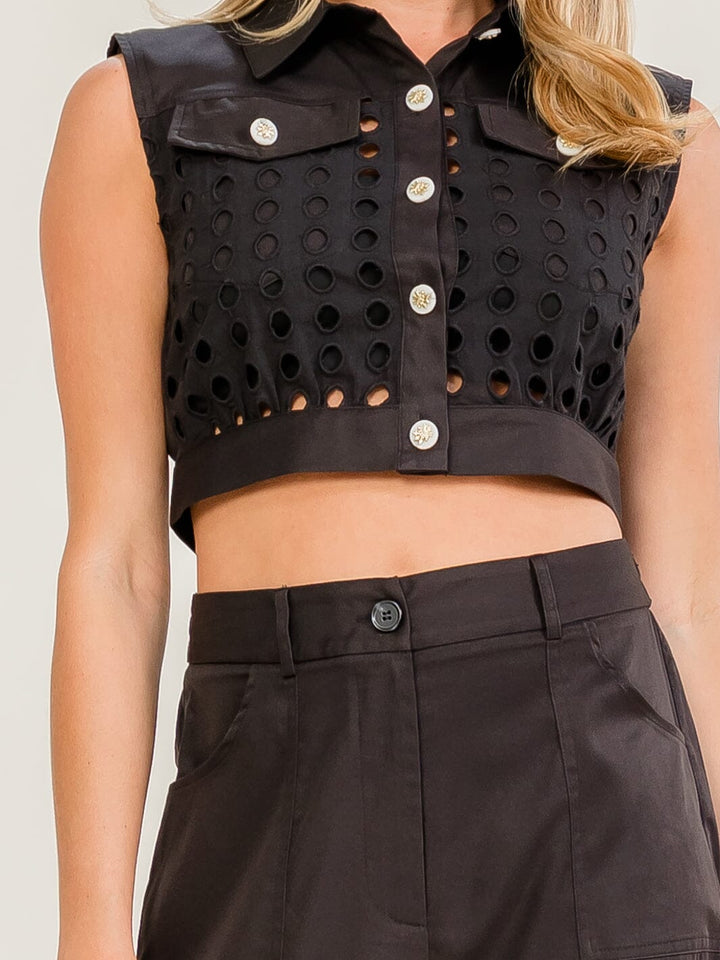WOMEN'S SLEEVELESS BLOUSE & ELASTIC WAIST PANTS EYELET DETAILED 2PC. SET