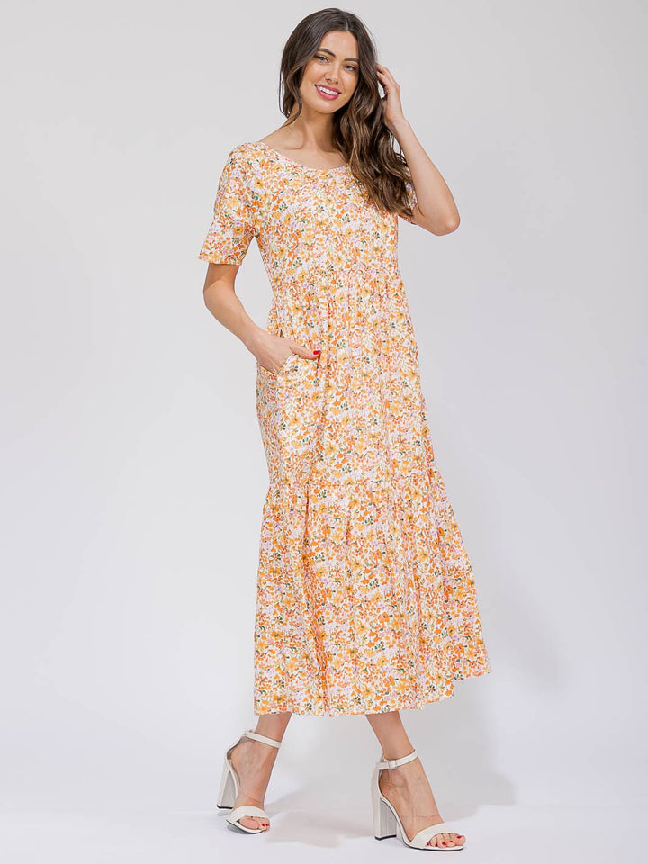 WOMEN'S SHORT SLEEVE V-NECK POCKETS TIERED FLORAL MAXI DRESS