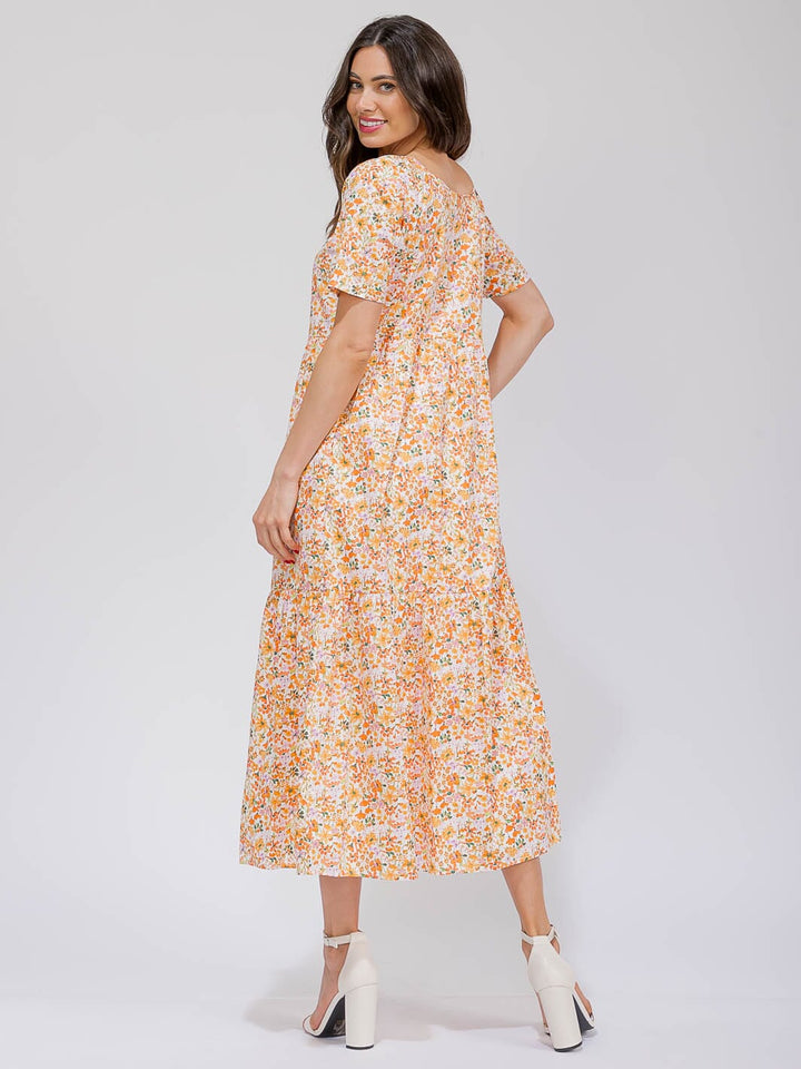 WOMEN'S SHORT SLEEVE V-NECK POCKETS TIERED FLORAL MAXI DRESS