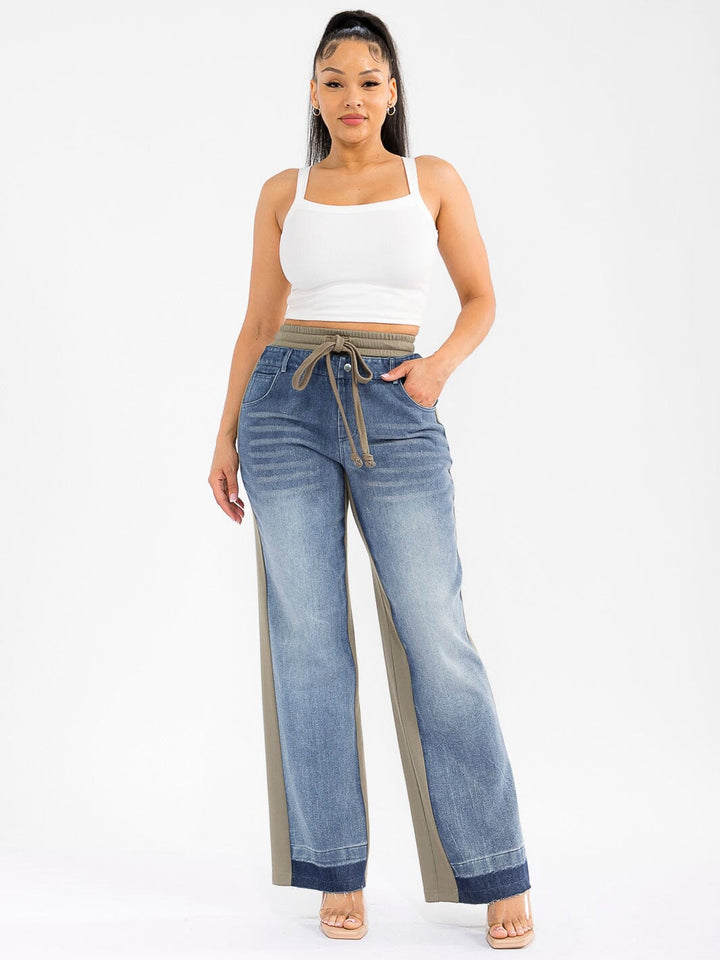 WOMEN'S ELASTIC WAIST SELF TIE POCKETS DENIM CONTRAST WIDE LEG PANTS