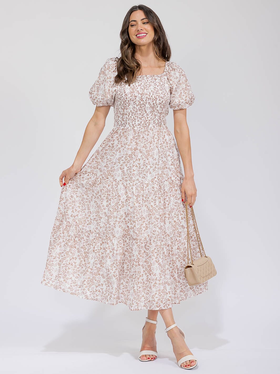 WOMEN'S SHORT PUFF SLEEVE SMOCK POCKETS TIERED FLORAL MAXI DRESS
