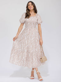 WOMEN'S SHORT PUFF SLEEVE SMOCK POCKETS TIERED FLORAL MAXI DRESS