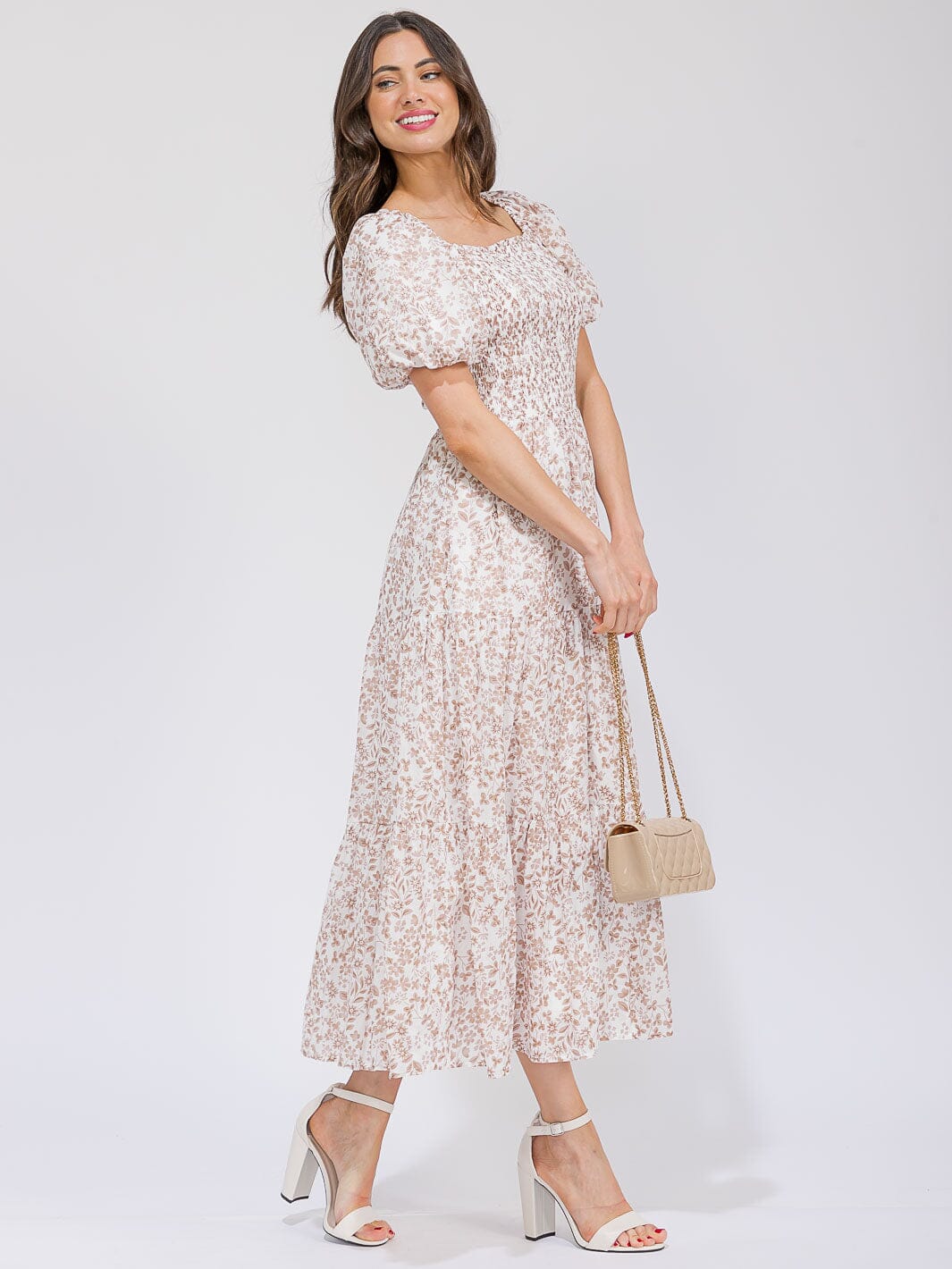WOMEN'S SHORT PUFF SLEEVE SMOCK POCKETS TIERED FLORAL MAXI DRESS