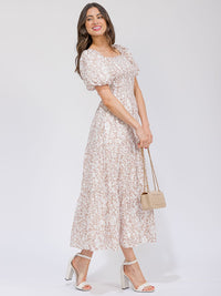 WOMEN'S SHORT PUFF SLEEVE SMOCK POCKETS TIERED FLORAL MAXI DRESS