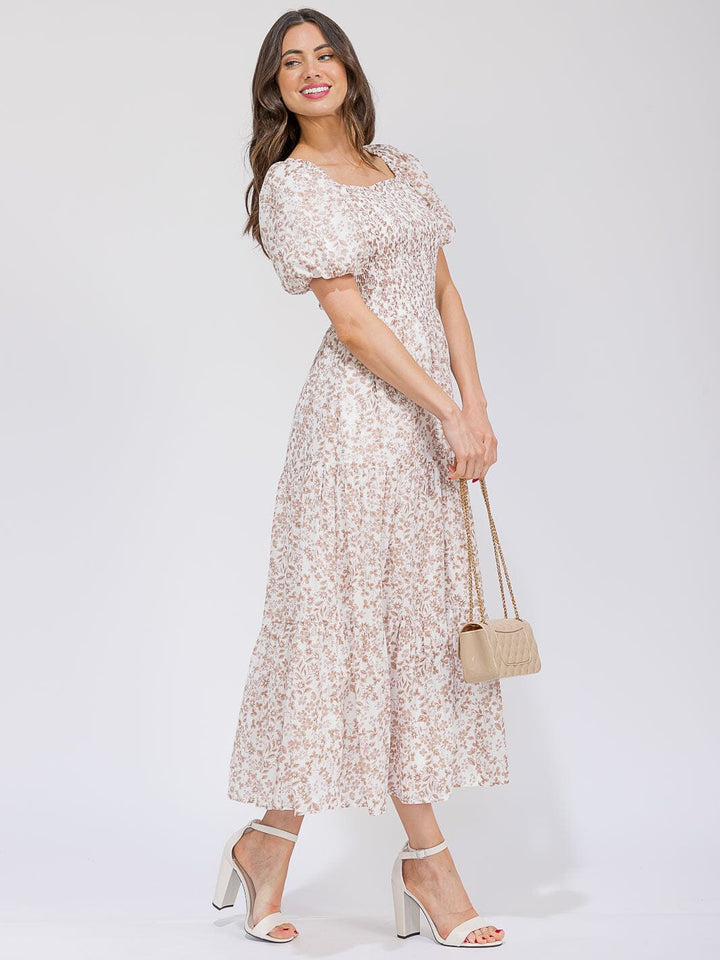 WOMEN'S SHORT PUFF SLEEVE SMOCK POCKETS TIERED FLORAL MAXI DRESS