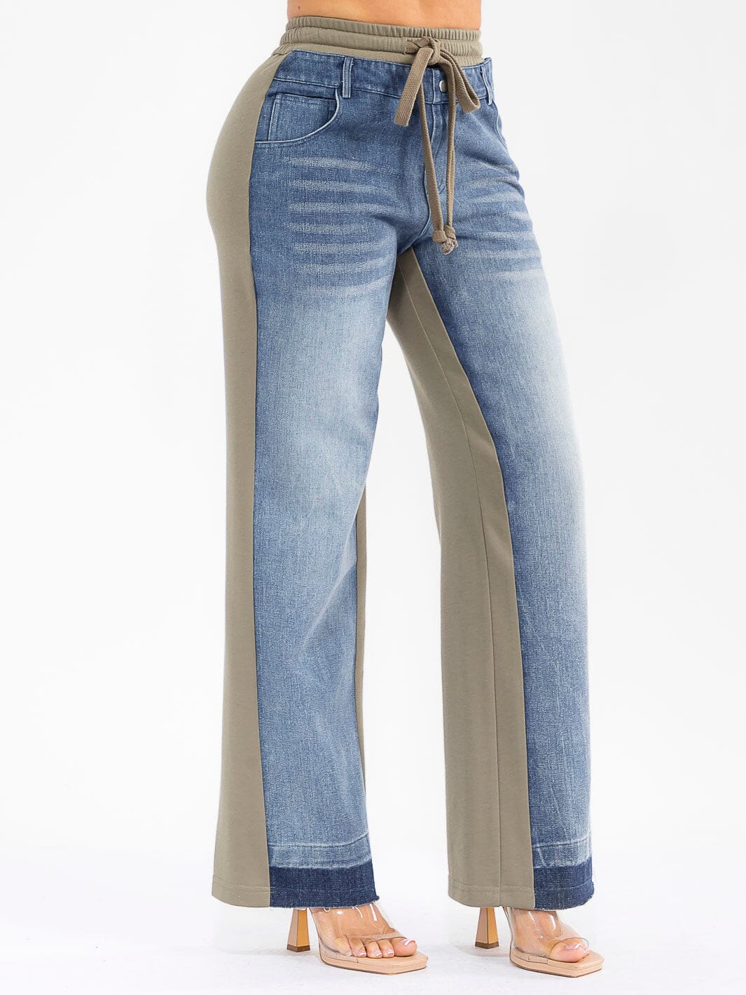 WOMEN'S ELASTIC WAIST SELF TIE POCKETS DENIM CONTRAST WIDE LEG PANTS