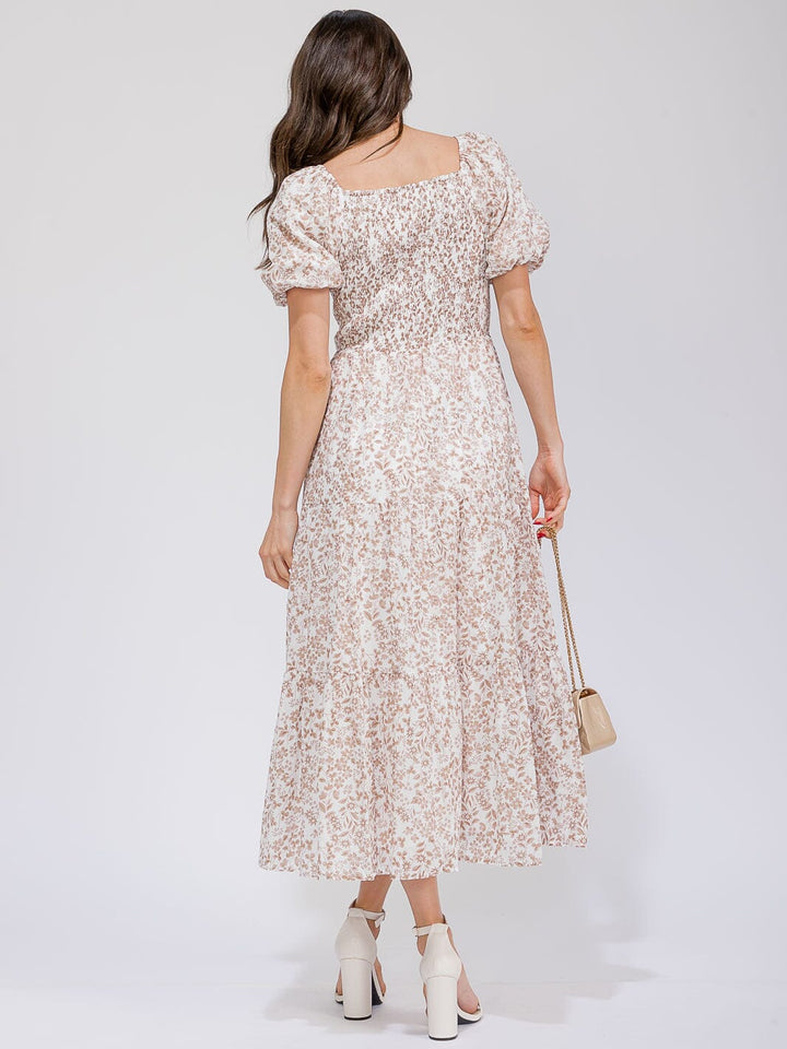 WOMEN'S SHORT PUFF SLEEVE SMOCK POCKETS TIERED FLORAL MAXI DRESS