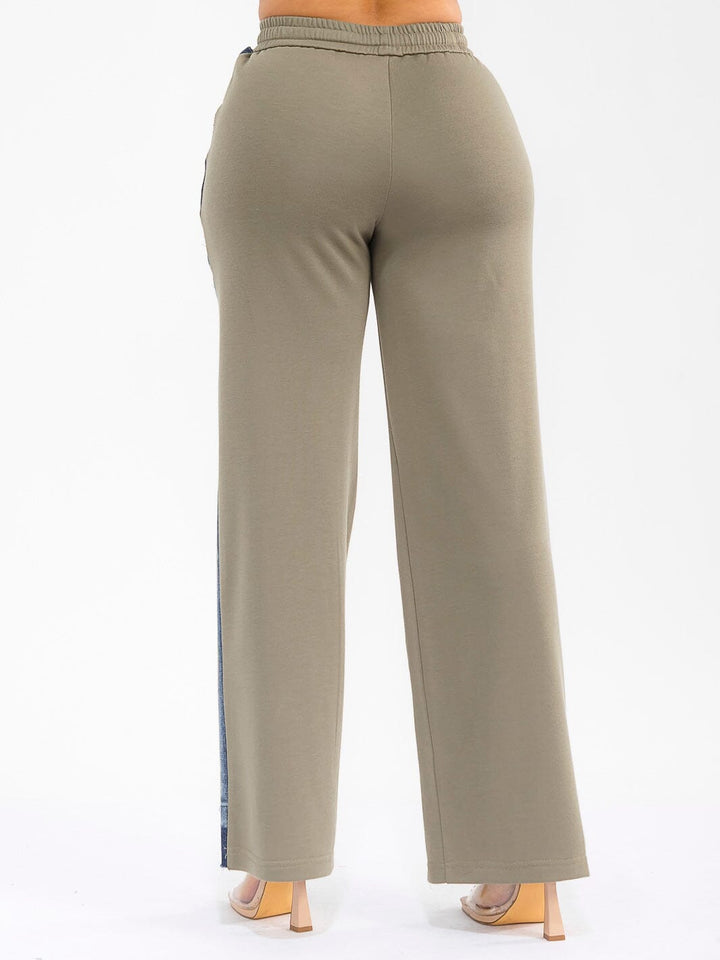 WOMEN'S ELASTIC WAIST SELF TIE POCKETS DENIM CONTRAST WIDE LEG PANTS