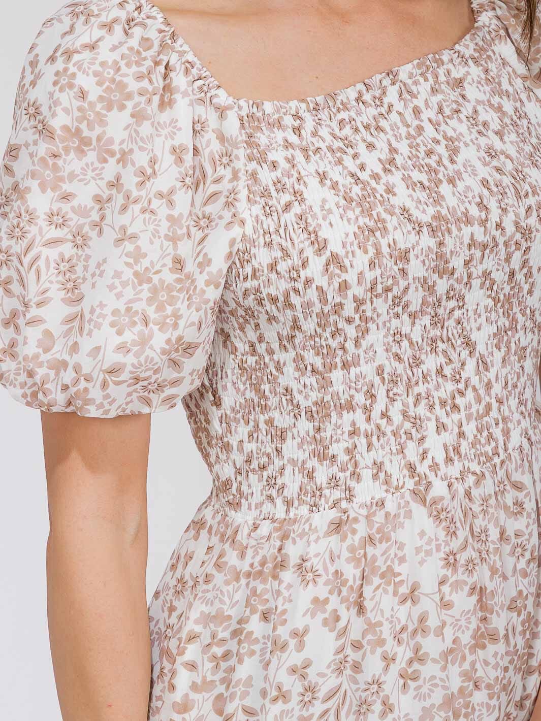 WOMEN'S SHORT PUFF SLEEVE SMOCK POCKETS TIERED FLORAL MAXI DRESS