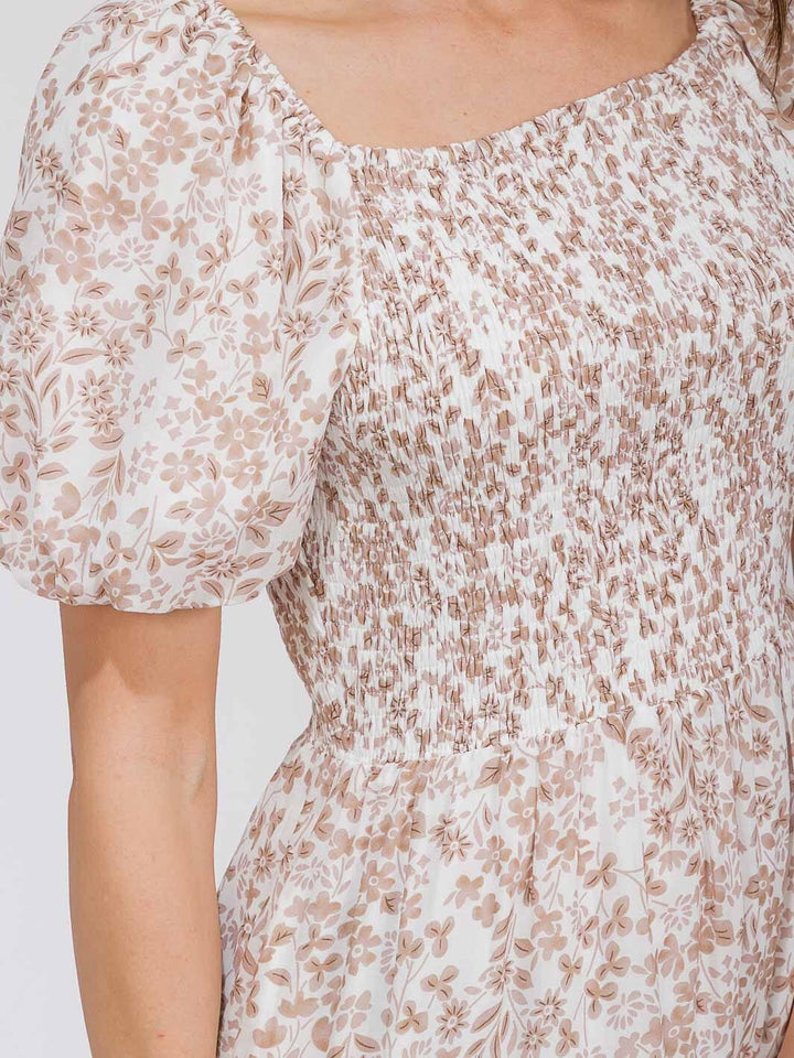 WOMEN'S SHORT PUFF SLEEVE SMOCK POCKETS TIERED FLORAL MAXI DRESS