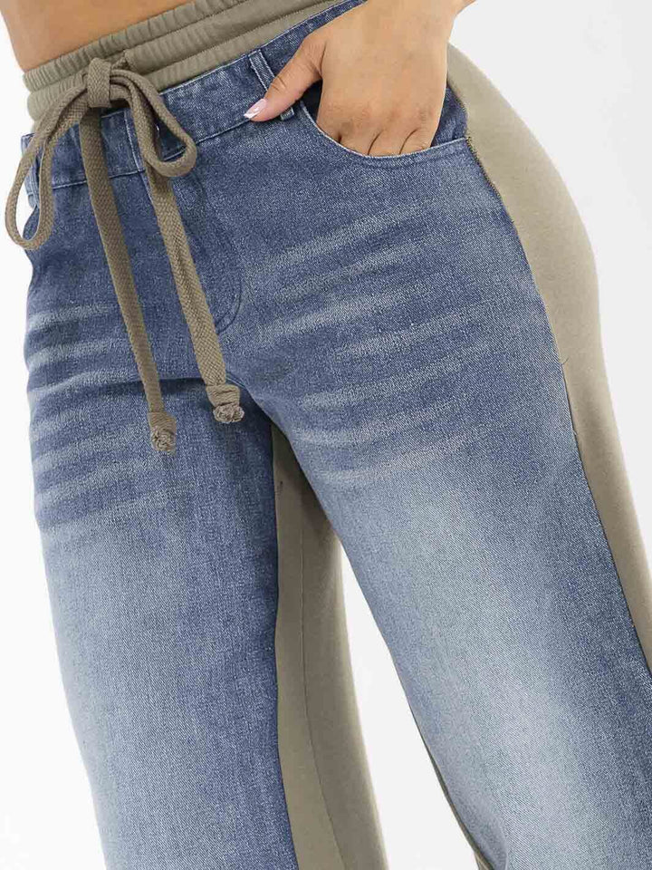 WOMEN'S ELASTIC WAIST SELF TIE POCKETS DENIM CONTRAST WIDE LEG PANTS