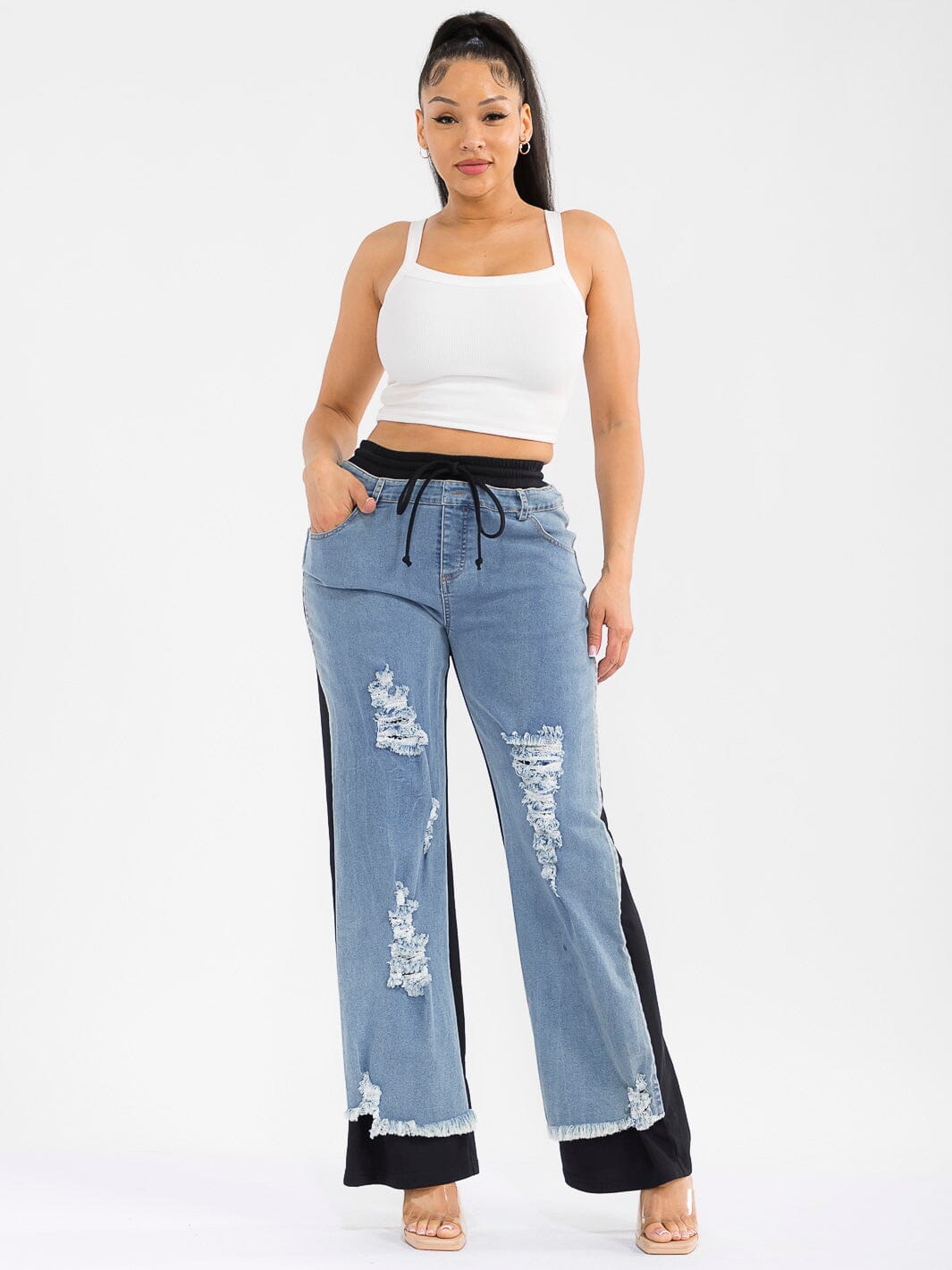 WOMEN'S ELASTIC WAIST SELF TIE POCKETS DENIM CONTRAST WIDE LEG DISTRESS PANTS