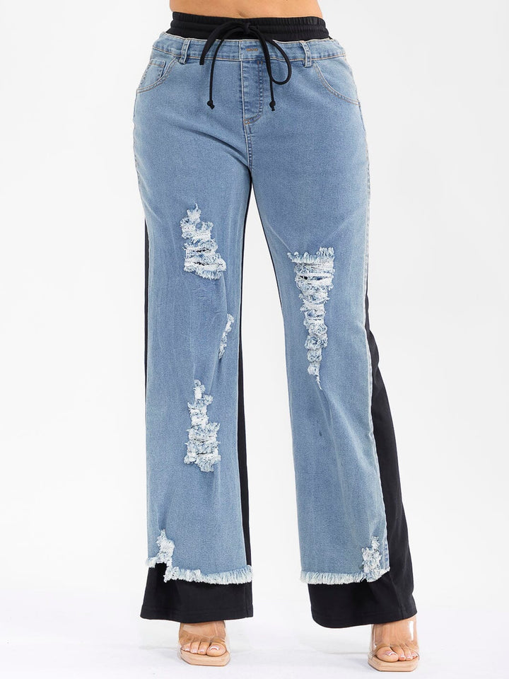 WOMEN'S ELASTIC WAIST SELF TIE POCKETS DENIM CONTRAST WIDE LEG DISTRESS PANTS