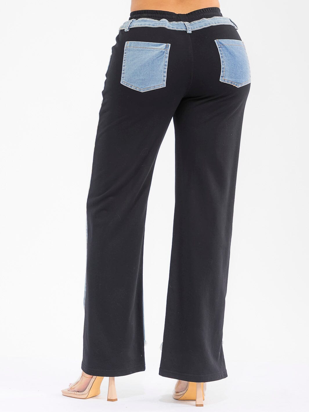 WOMEN'S ELASTIC WAIST SELF TIE POCKETS DENIM CONTRAST WIDE LEG DISTRESS PANTS