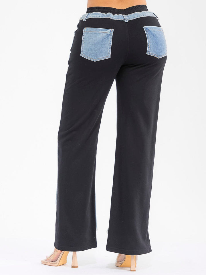 WOMEN'S ELASTIC WAIST SELF TIE POCKETS DENIM CONTRAST WIDE LEG DISTRESS PANTS