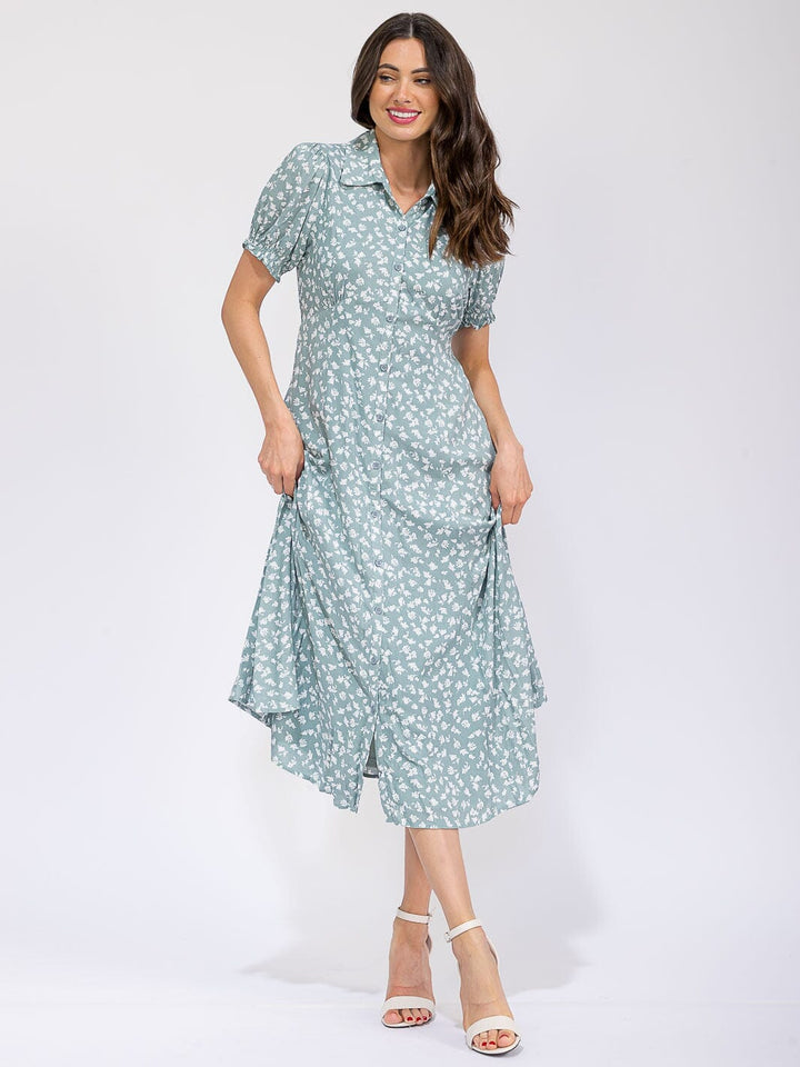 WOMEN'S SHORT SLEEVE FRONT POCKETS BUTTON UP FLORAL MAXI DRESS