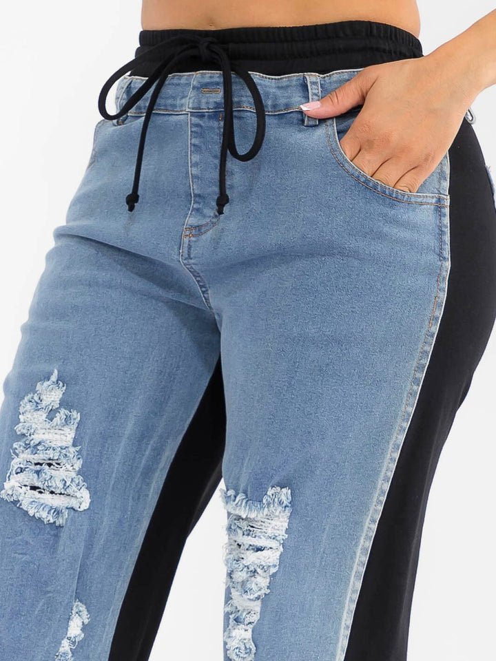 WOMEN'S ELASTIC WAIST SELF TIE POCKETS DENIM CONTRAST WIDE LEG DISTRESS PANTS