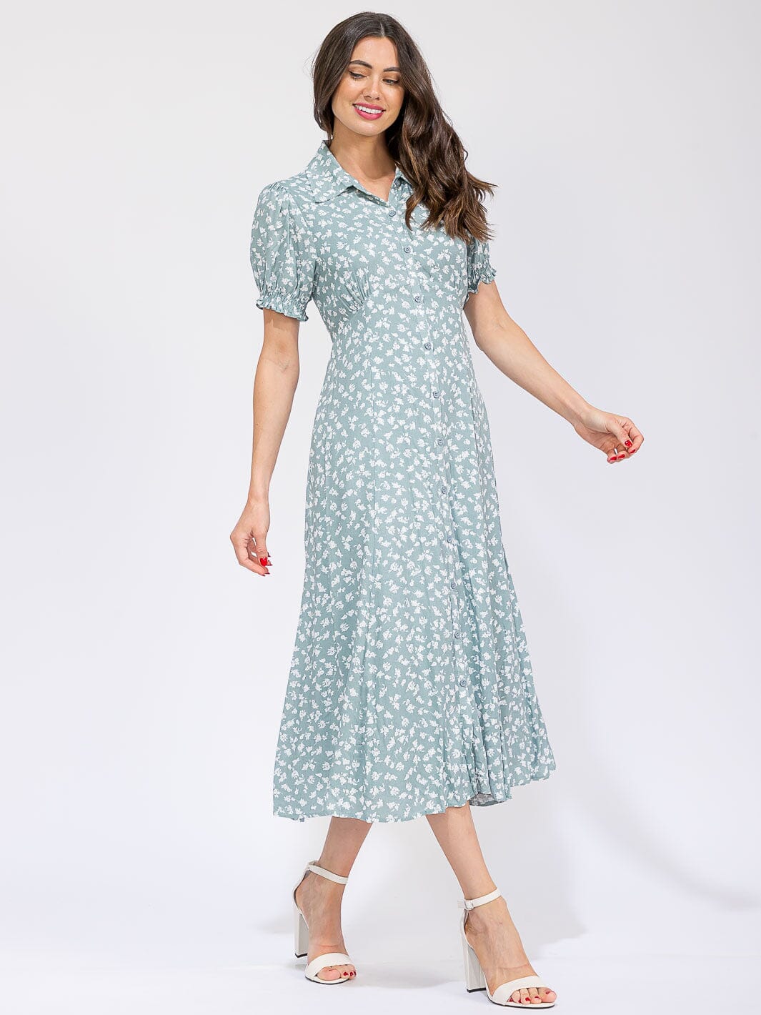 WOMEN'S SHORT SLEEVE FRONT POCKETS BUTTON UP FLORAL MAXI DRESS