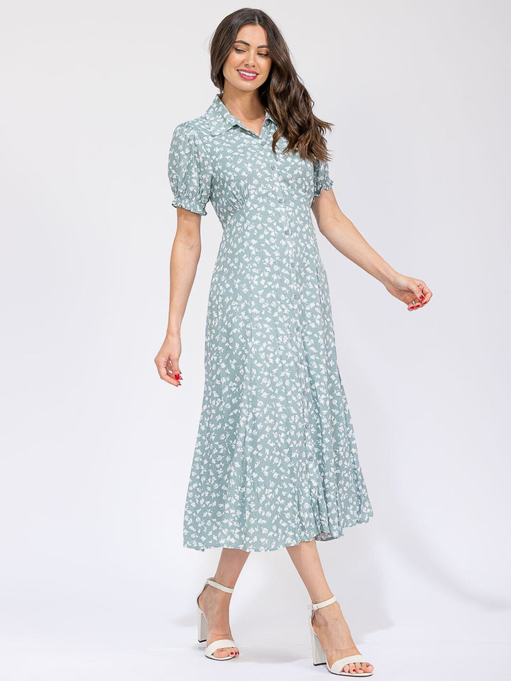 WOMEN'S SHORT SLEEVE FRONT POCKETS BUTTON UP FLORAL MAXI DRESS