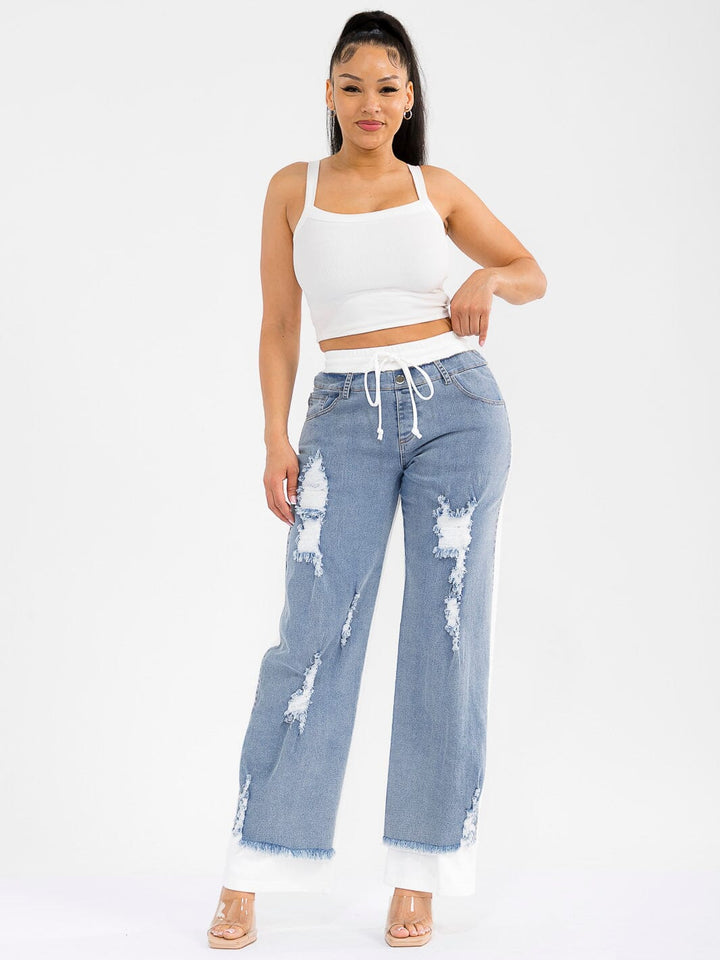 WOMEN'S ELASTIC WAIST SELF TIE POCKETS DENIM CONTRAST WIDE LEG DISTRESS PANTS