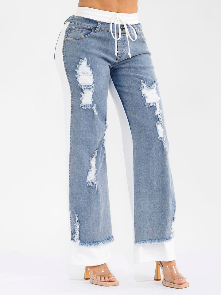 WOMEN'S ELASTIC WAIST SELF TIE POCKETS DENIM CONTRAST WIDE LEG DISTRESS PANTS