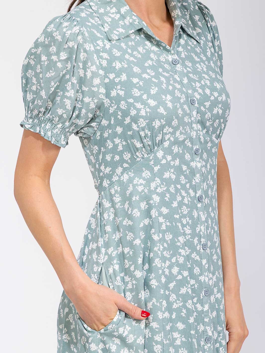 WOMEN'S SHORT SLEEVE FRONT POCKETS BUTTON UP FLORAL MAXI DRESS