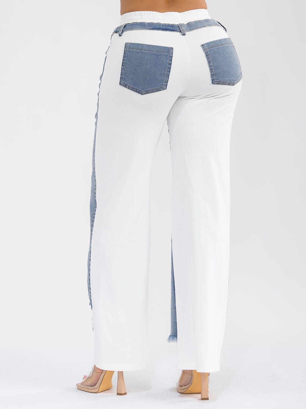 WOMEN'S ELASTIC WAIST SELF TIE POCKETS DENIM CONTRAST WIDE LEG DISTRESS PANTS