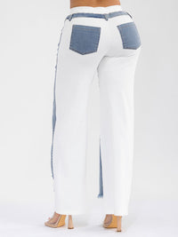 WOMEN'S ELASTIC WAIST SELF TIE POCKETS DENIM CONTRAST WIDE LEG DISTRESS PANTS