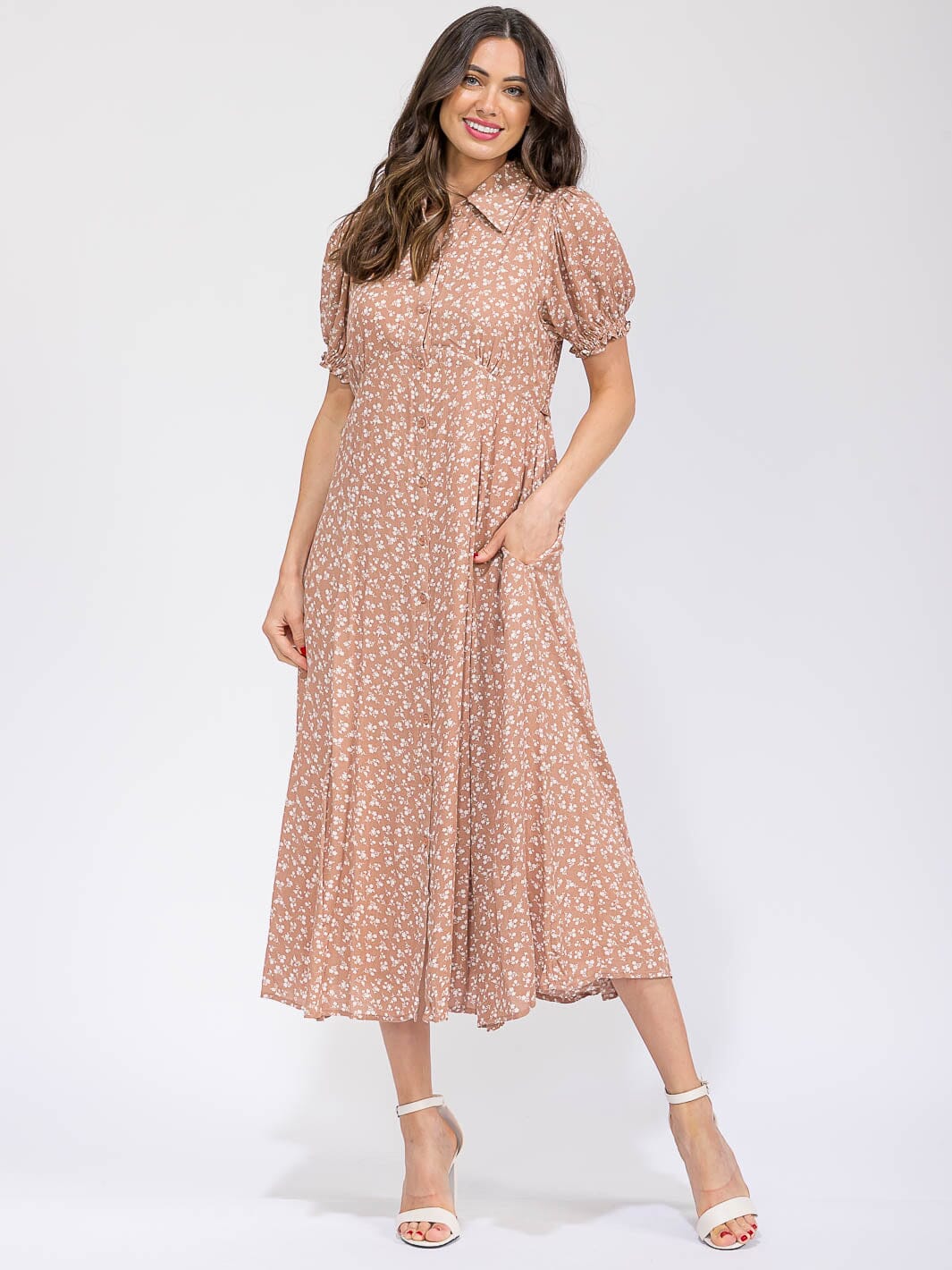 WOMEN'S SHORT SLEEVE BUTTON UP FRONT POCKETS FLORAL MAXI DRESS