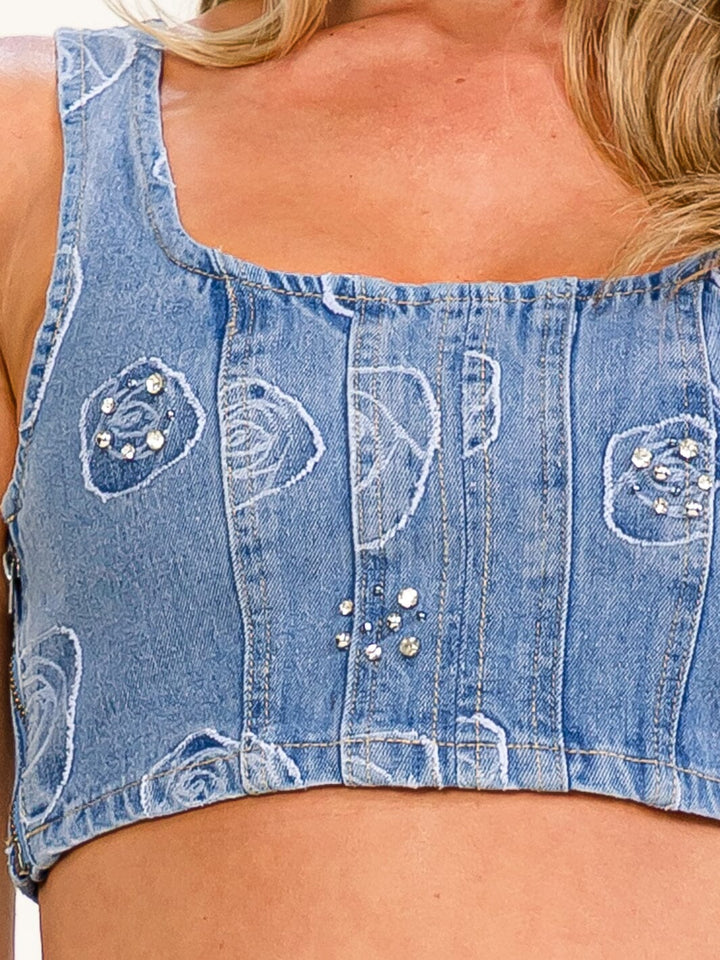 WOMEN'S SLEEVELESS SMOCK STUDS FLOWERS DENIM CROP TOP