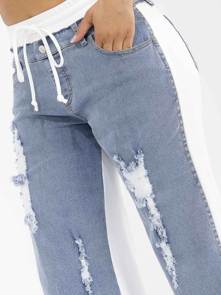WOMEN'S ELASTIC WAIST SELF TIE POCKETS DENIM CONTRAST WIDE LEG DISTRESS PANTS