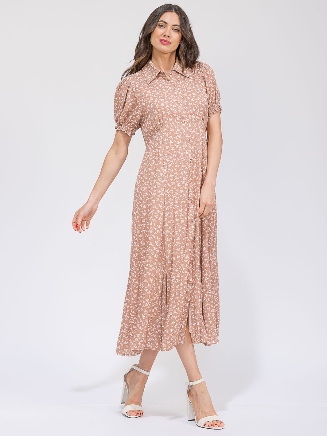 WOMEN'S SHORT SLEEVE BUTTON UP FRONT POCKETS FLORAL MAXI DRESS