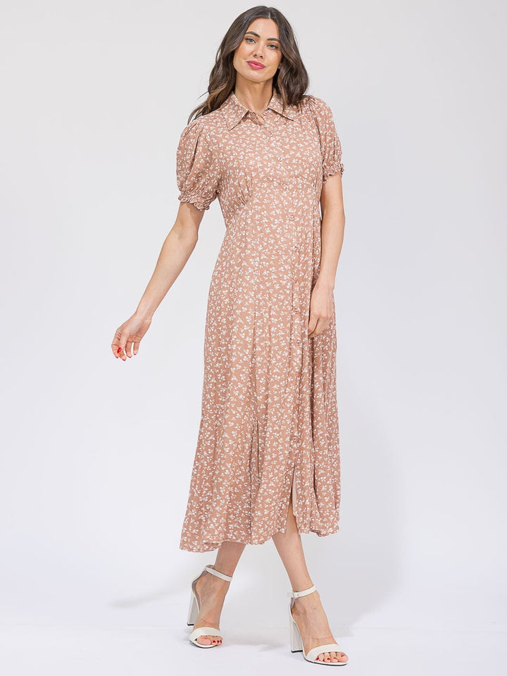 WOMEN'S SHORT SLEEVE BUTTON UP FRONT POCKETS FLORAL MAXI DRESS
