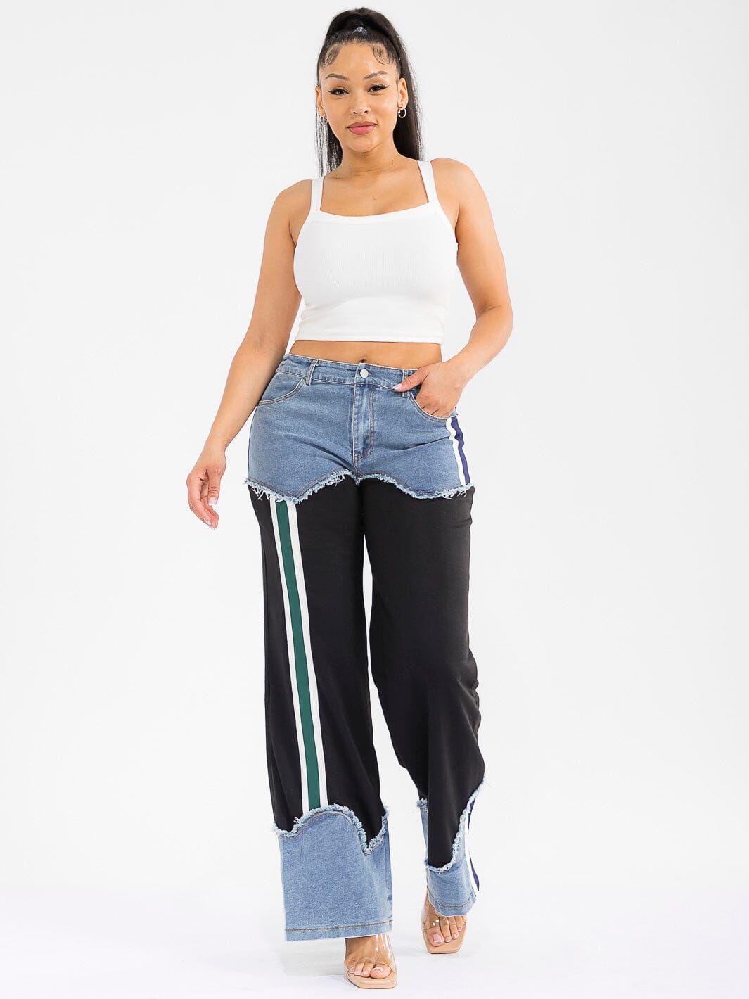 WOMEN'S BUTTON CLOSURE POCKETS WIDE LEG DENIM CONTRAST PANTS