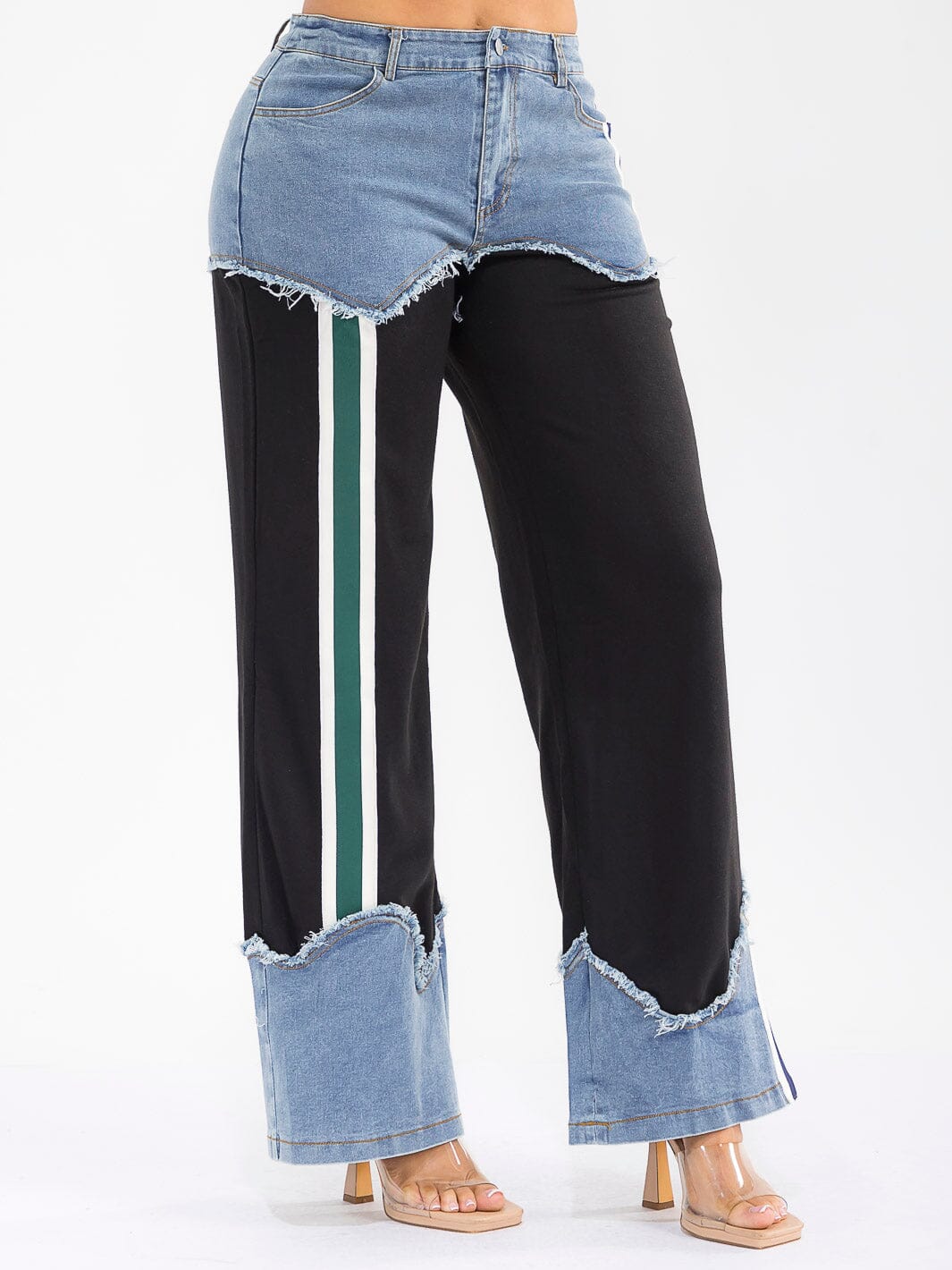 WOMEN'S BUTTON CLOSURE POCKETS WIDE LEG DENIM CONTRAST PANTS