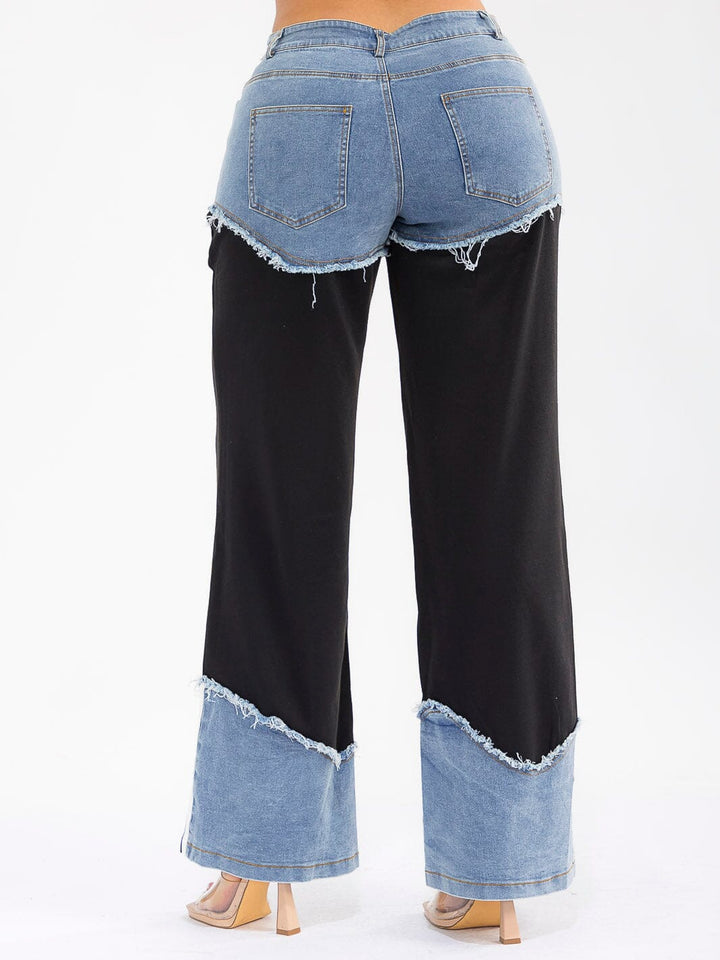 WOMEN'S BUTTON CLOSURE POCKETS WIDE LEG DENIM CONTRAST PANTS