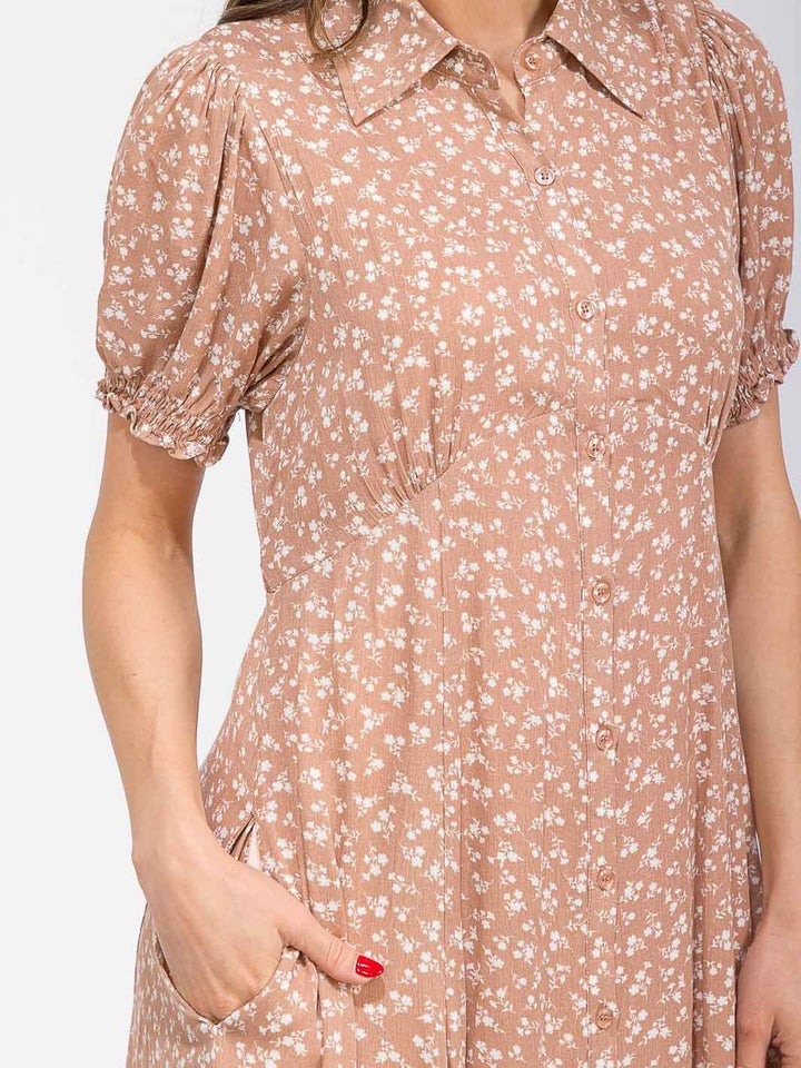 WOMEN'S SHORT SLEEVE BUTTON UP FRONT POCKETS FLORAL MAXI DRESS