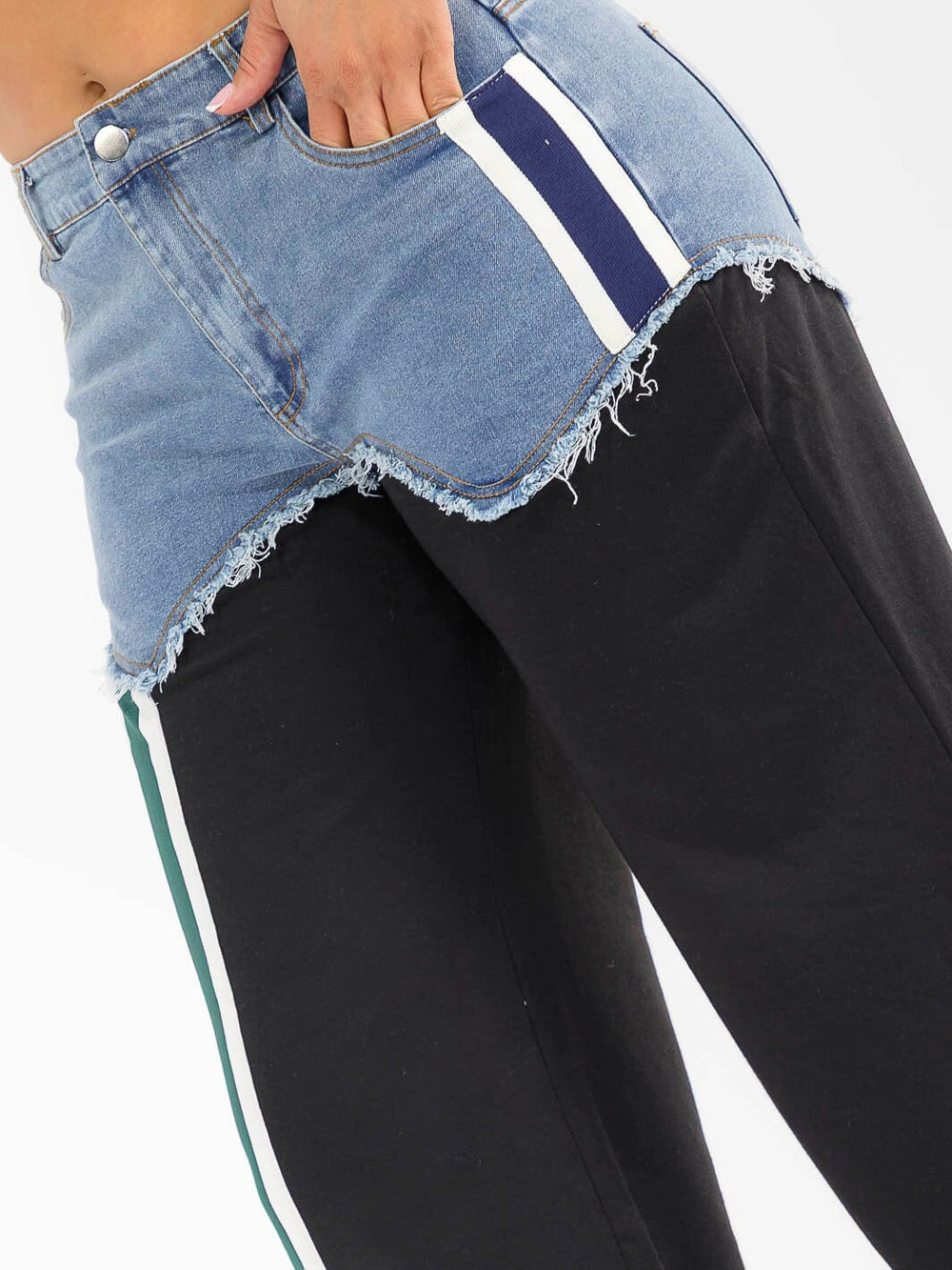 WOMEN'S BUTTON CLOSURE POCKETS WIDE LEG DENIM CONTRAST PANTS
